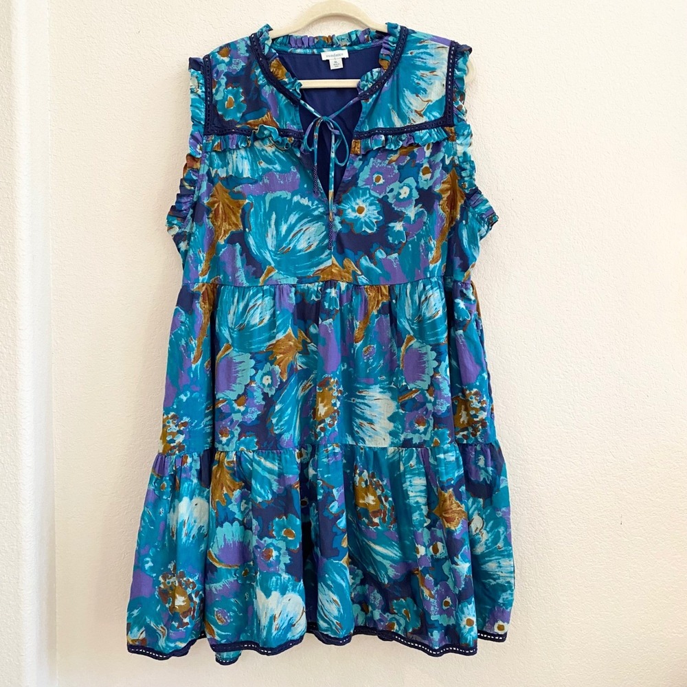 Sundance Floral Tiered Dress Teal Purple Brown BeadTie Neck XL 100% Cotton